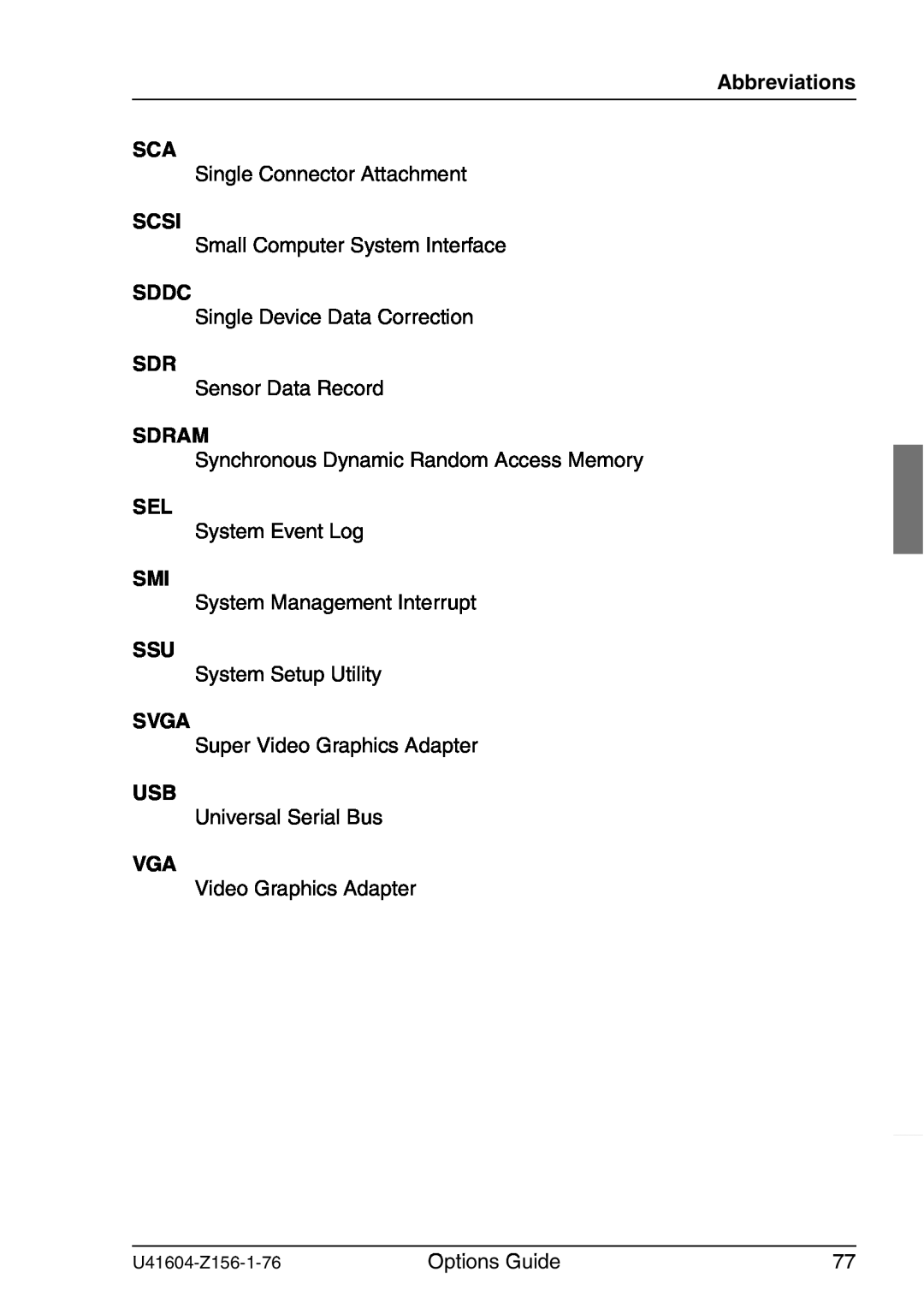 Fujitsu TX150 S3 manual Abbreviations SCA, Scsi, Sddc, Sdram, Svga 