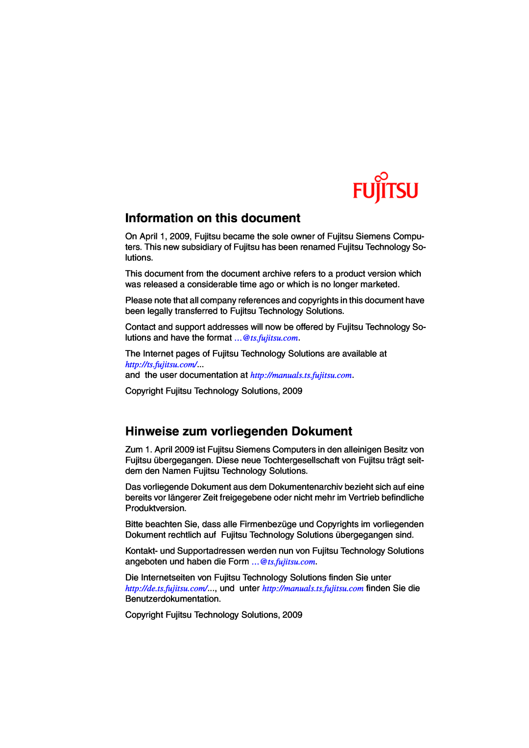 Fujitsu TX150 S3 manual Information on this document, Hinweise zum vorliegenden Dokument, http//ts.fujitsu.com 
