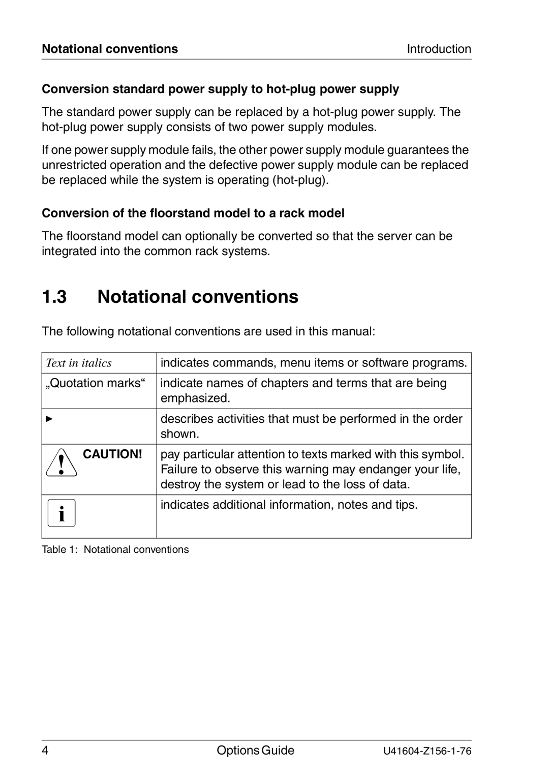 Fujitsu TX150 S3 manual Notational conventions, Conversion standard power supply to hot-plug power supply 