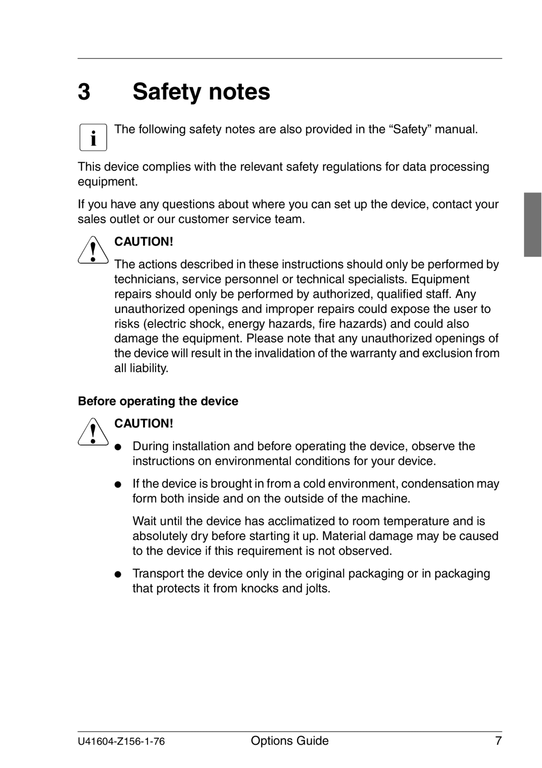 Fujitsu TX150 S3 manual Safety notes, Before operating the device 