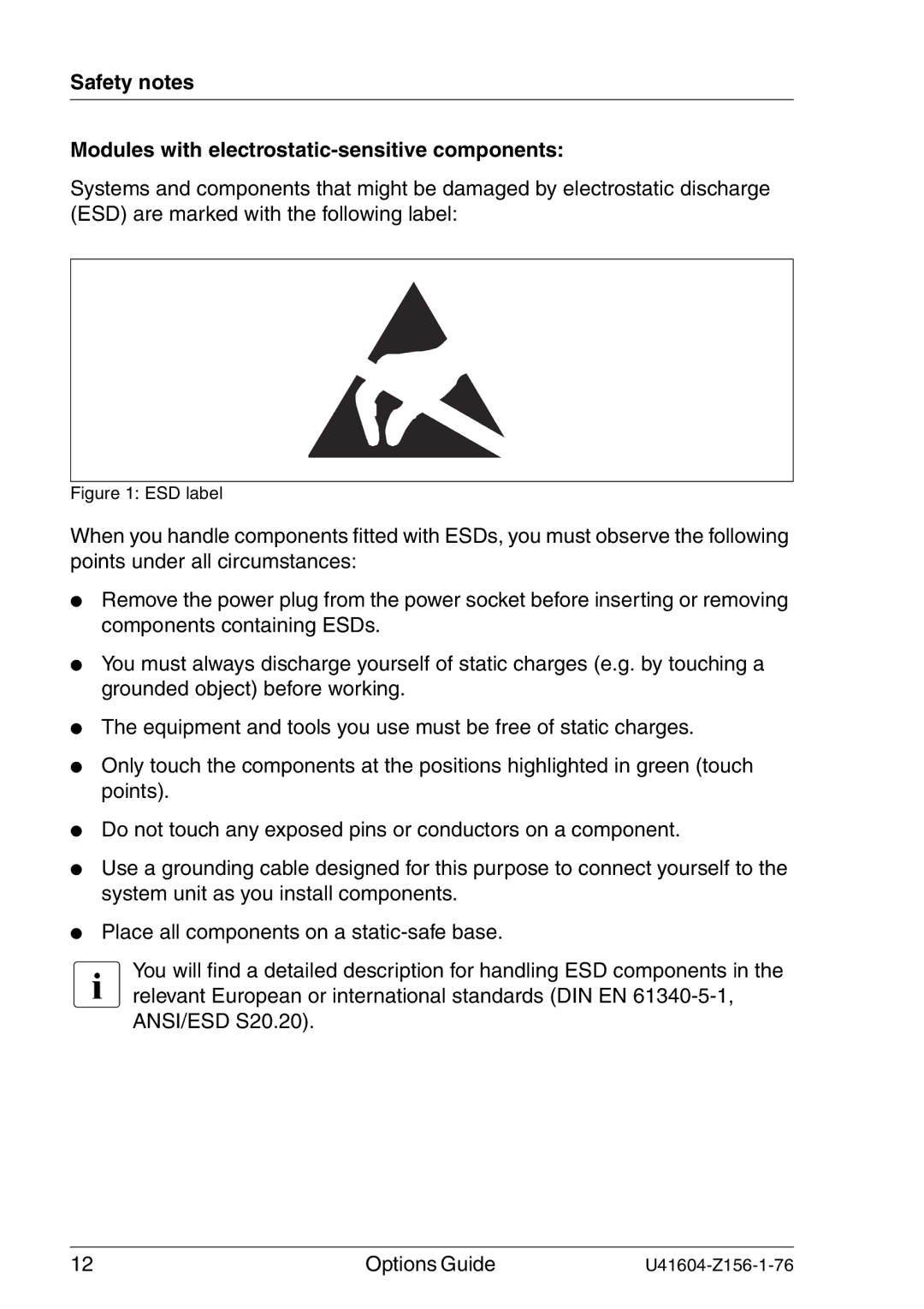 Fujitsu TX150 S3 manual Safety notes Modules with electrostatic-sensitive components 