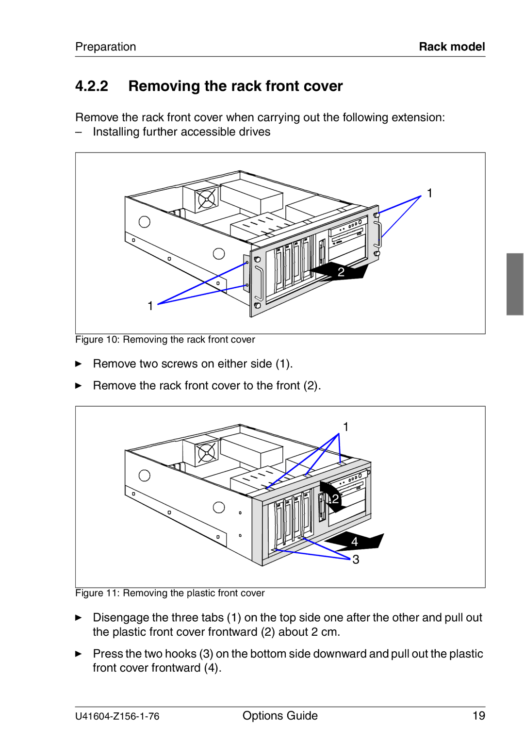 Fujitsu TX150 S3 manual Removing the rack front cover 