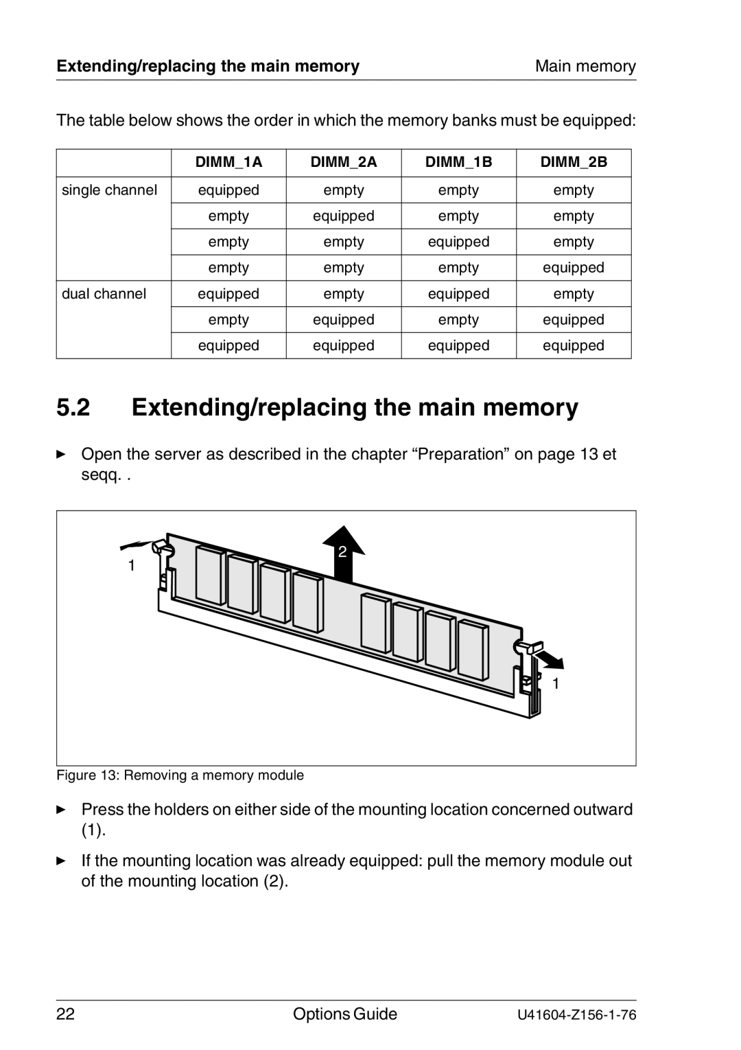 Fujitsu TX150 S3 manual Extending/replacing the main memory 