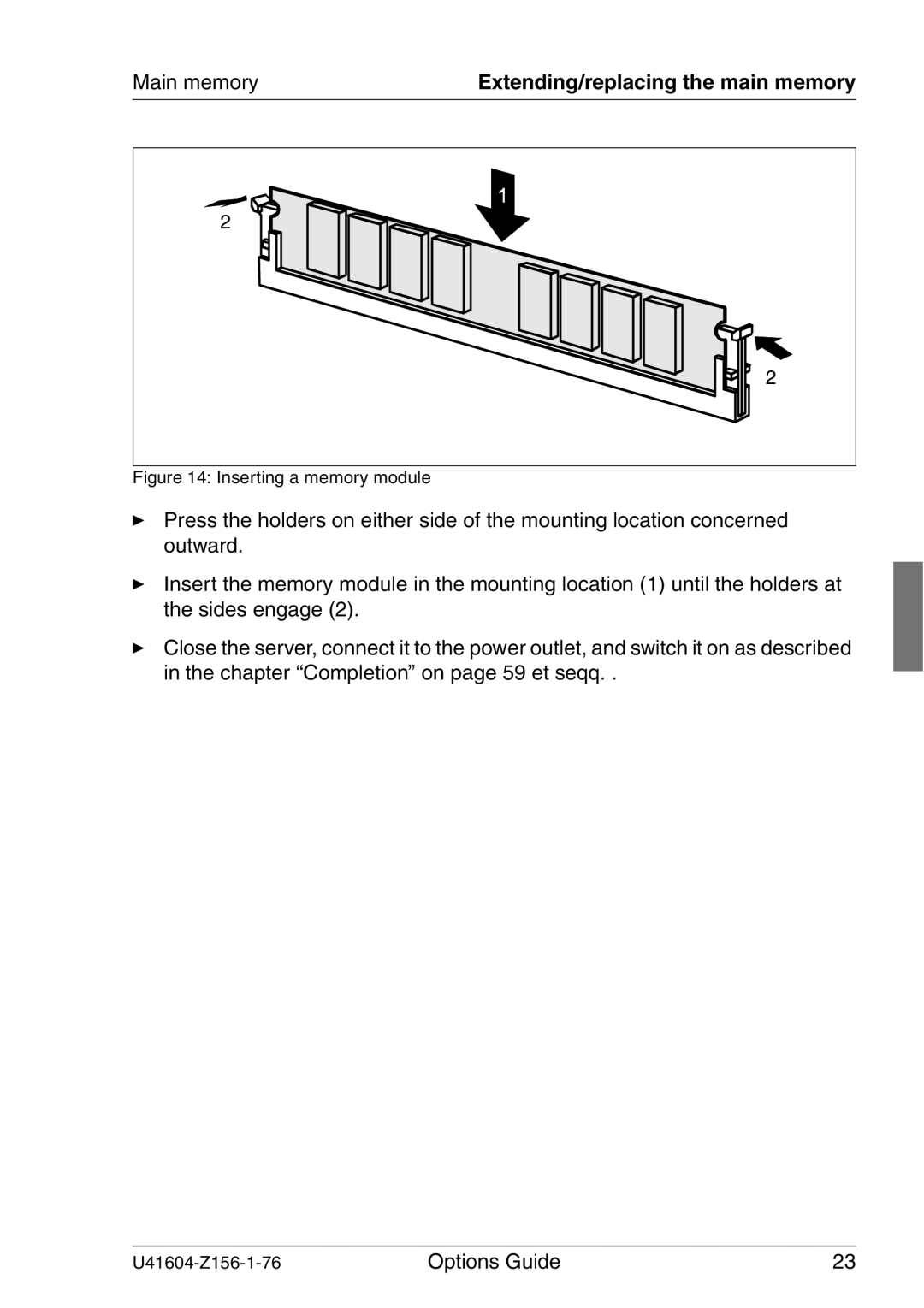 Fujitsu TX150 S3 manual Main memory, Inserting a memory module 