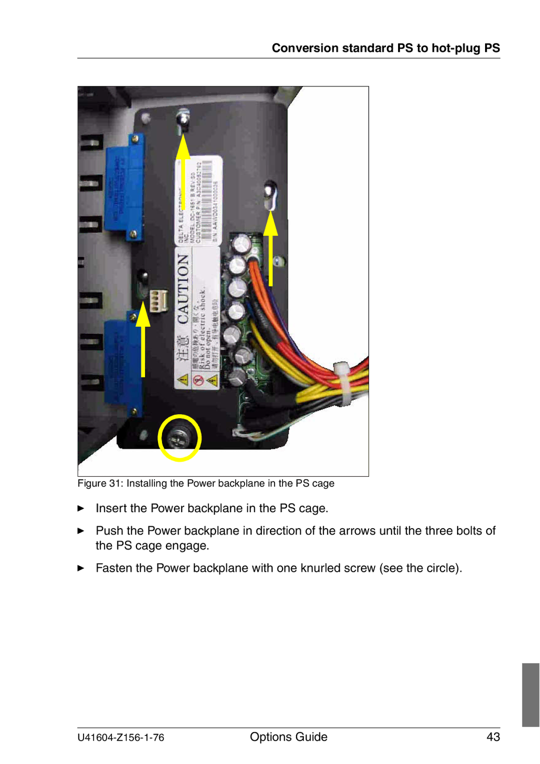 Fujitsu TX150 S3 manual Installing the Power backplane in the PS cage 