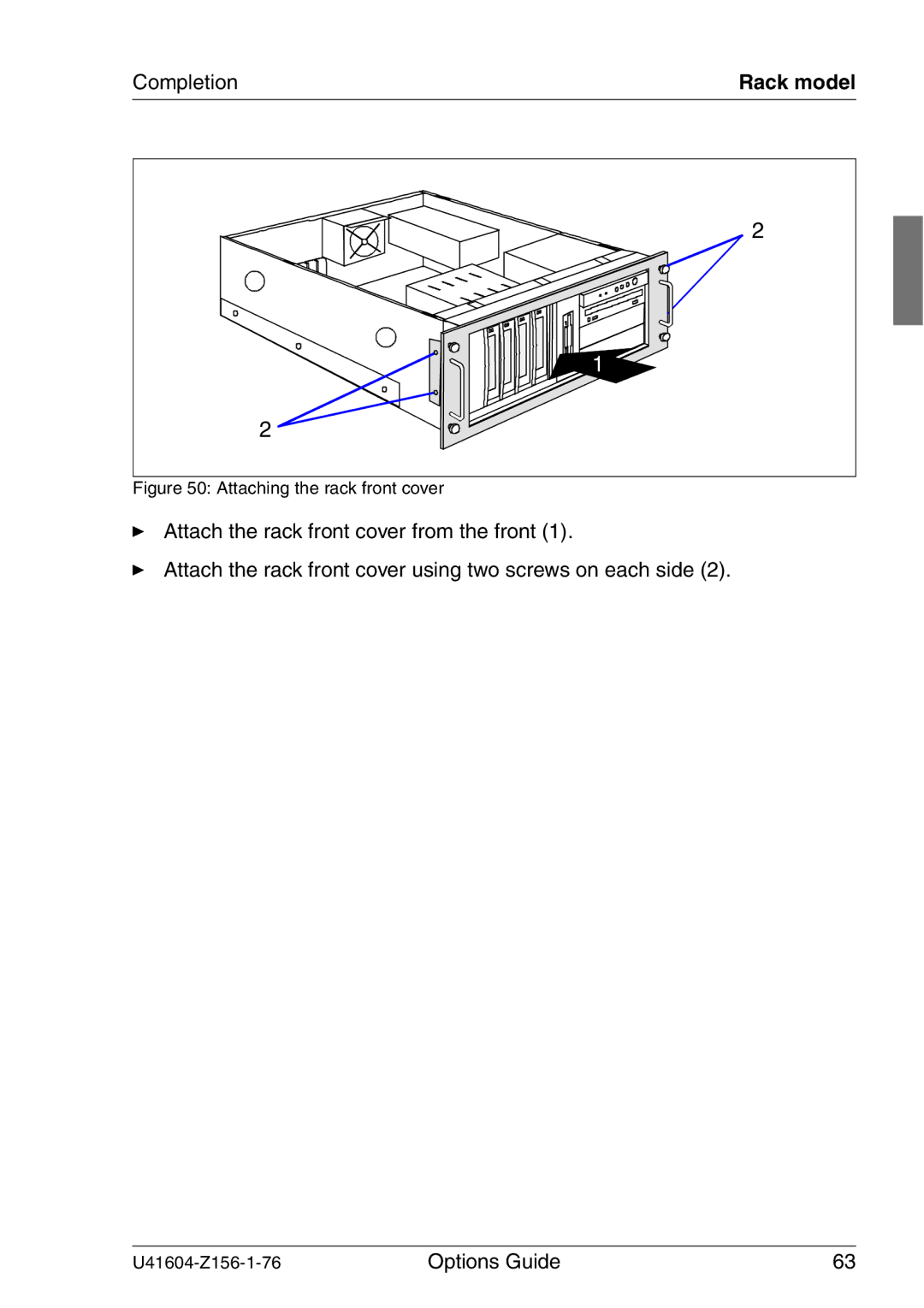 Fujitsu TX150 S3 manual Attaching the rack front cover 