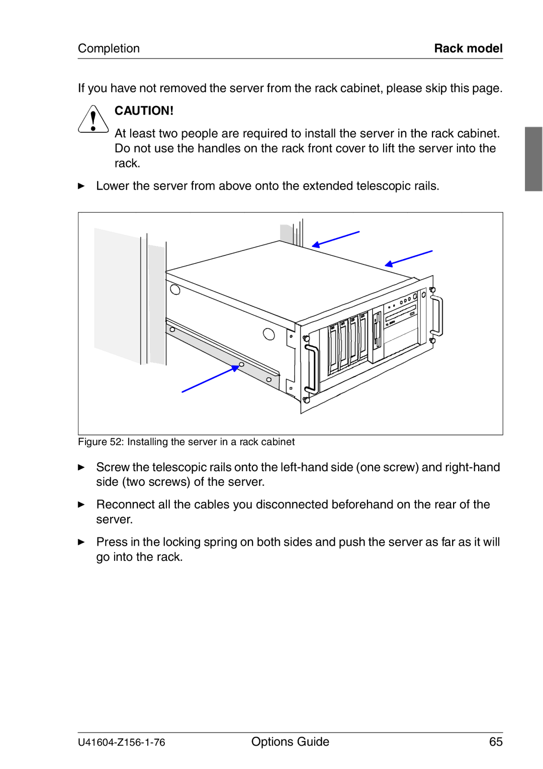 Fujitsu TX150 S3 manual Installing the server in a rack cabinet 