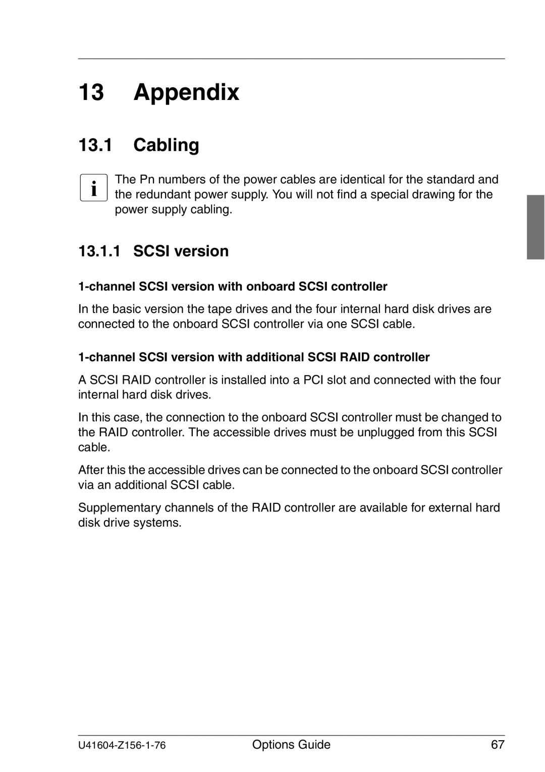 Fujitsu TX150 S3 manual Appendix, Cabling, Channel Scsi version with onboard Scsi controller 