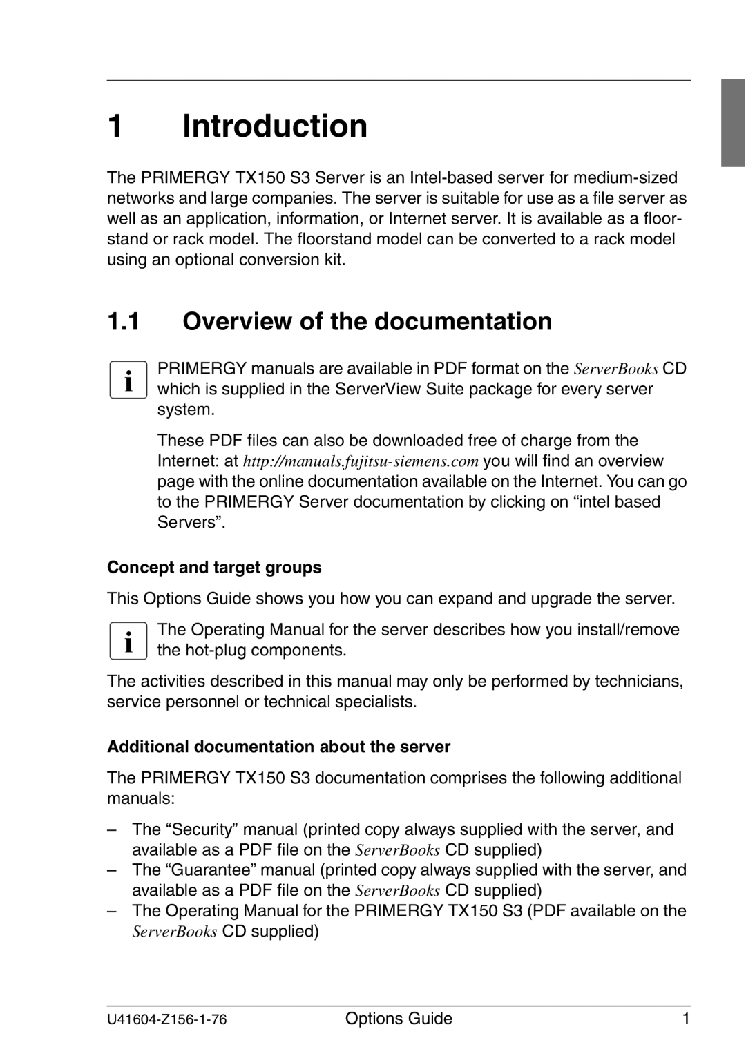 Fujitsu TX150 S3 manual Introduction, Overview of the documentation, Concept and target groups 