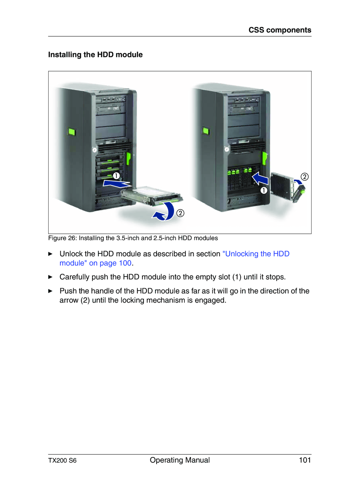 Fujitsu TX200 S6 manual CSS components Installing the HDD module, Installing the 3.5-inch and 2.5-inch HDD modules 