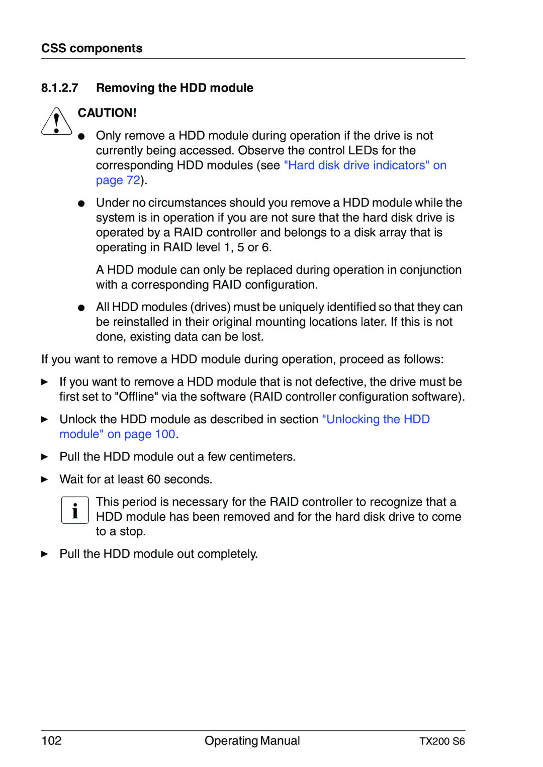 Fujitsu TX200 S6 manual CSS components Removing the HDD module 