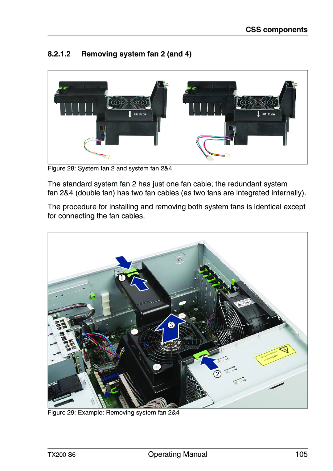 Fujitsu TX200 S6 manual CSS components Removing system fan 2, System fan 2 and system fan 2&4 