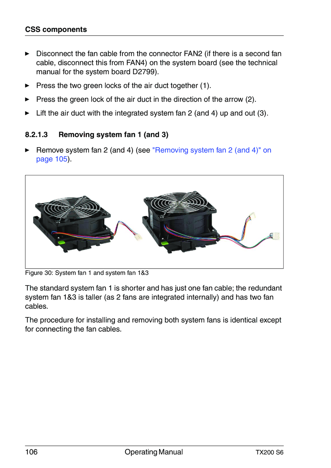 Fujitsu TX200 S6 manual Removing system fan 1, System fan 1 and system fan 1&3 