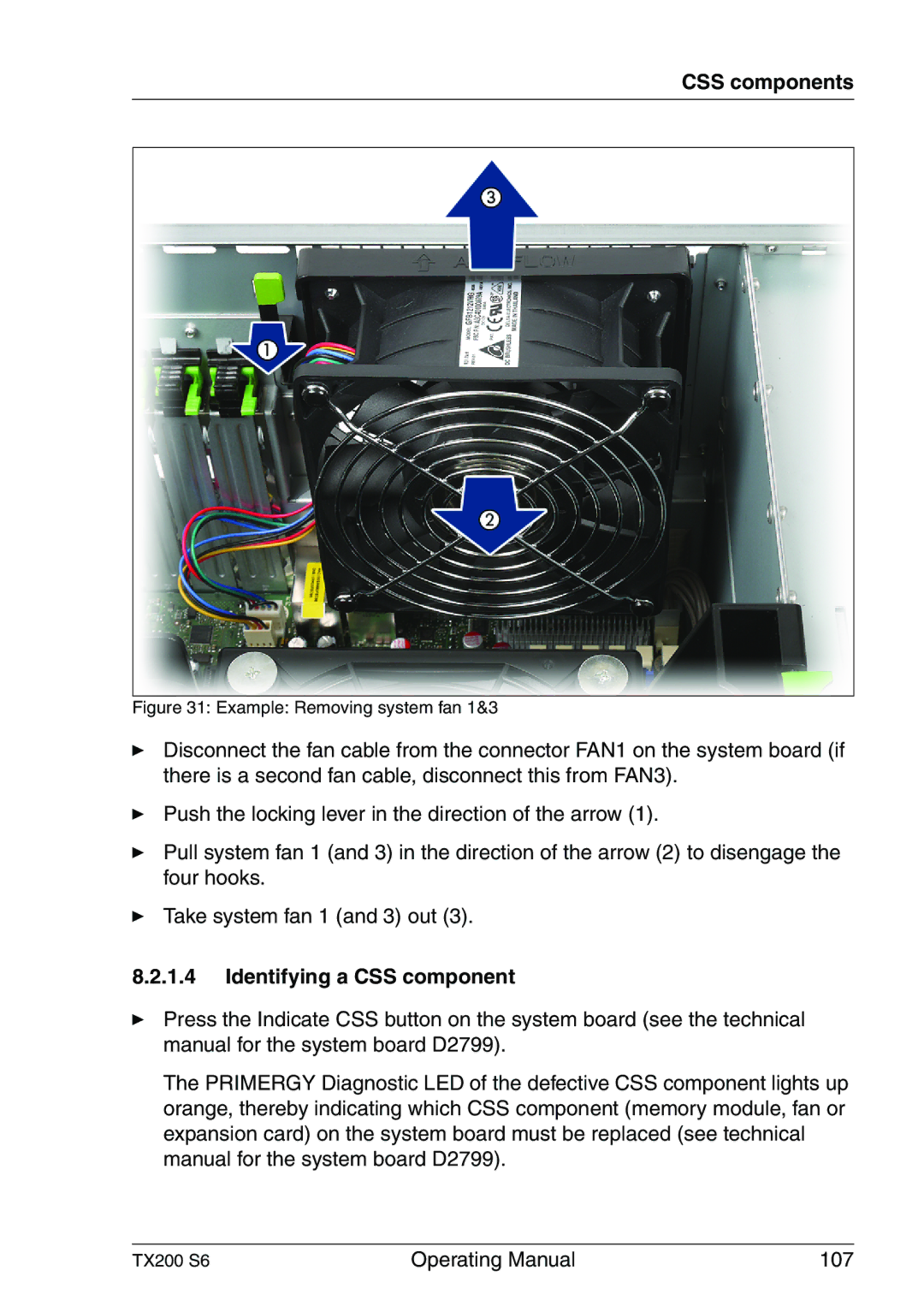 Fujitsu TX200 S6 manual Identifying a CSS component, Example Removing system fan 1&3 