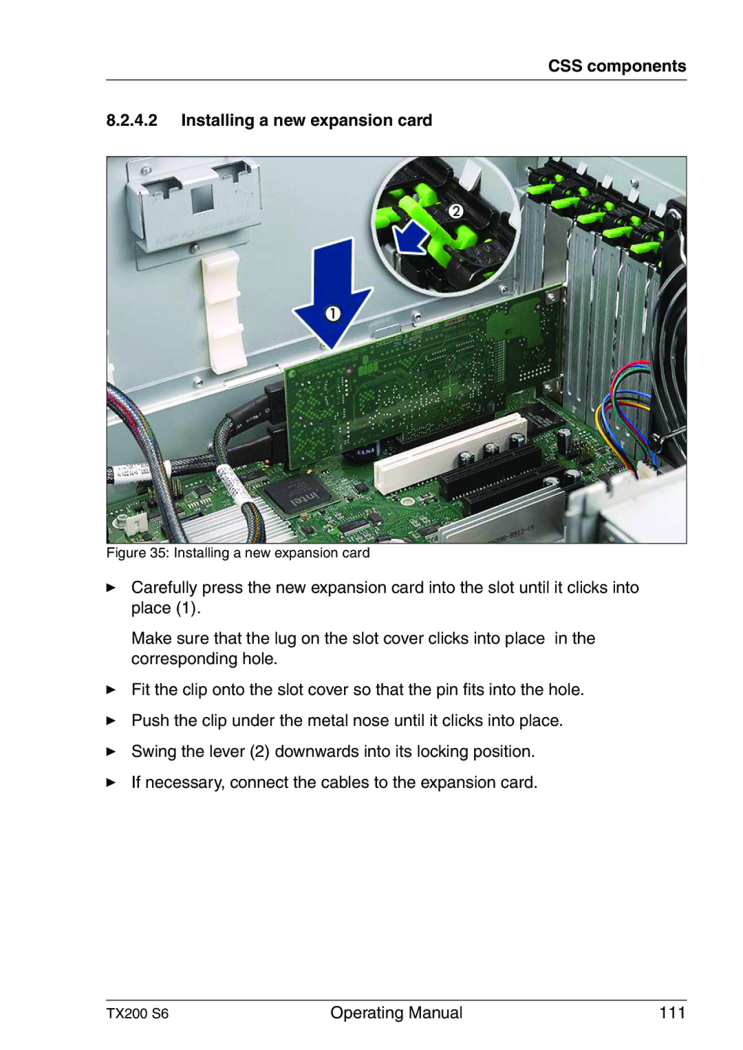 Fujitsu TX200 S6 manual CSS components Installing a new expansion card 