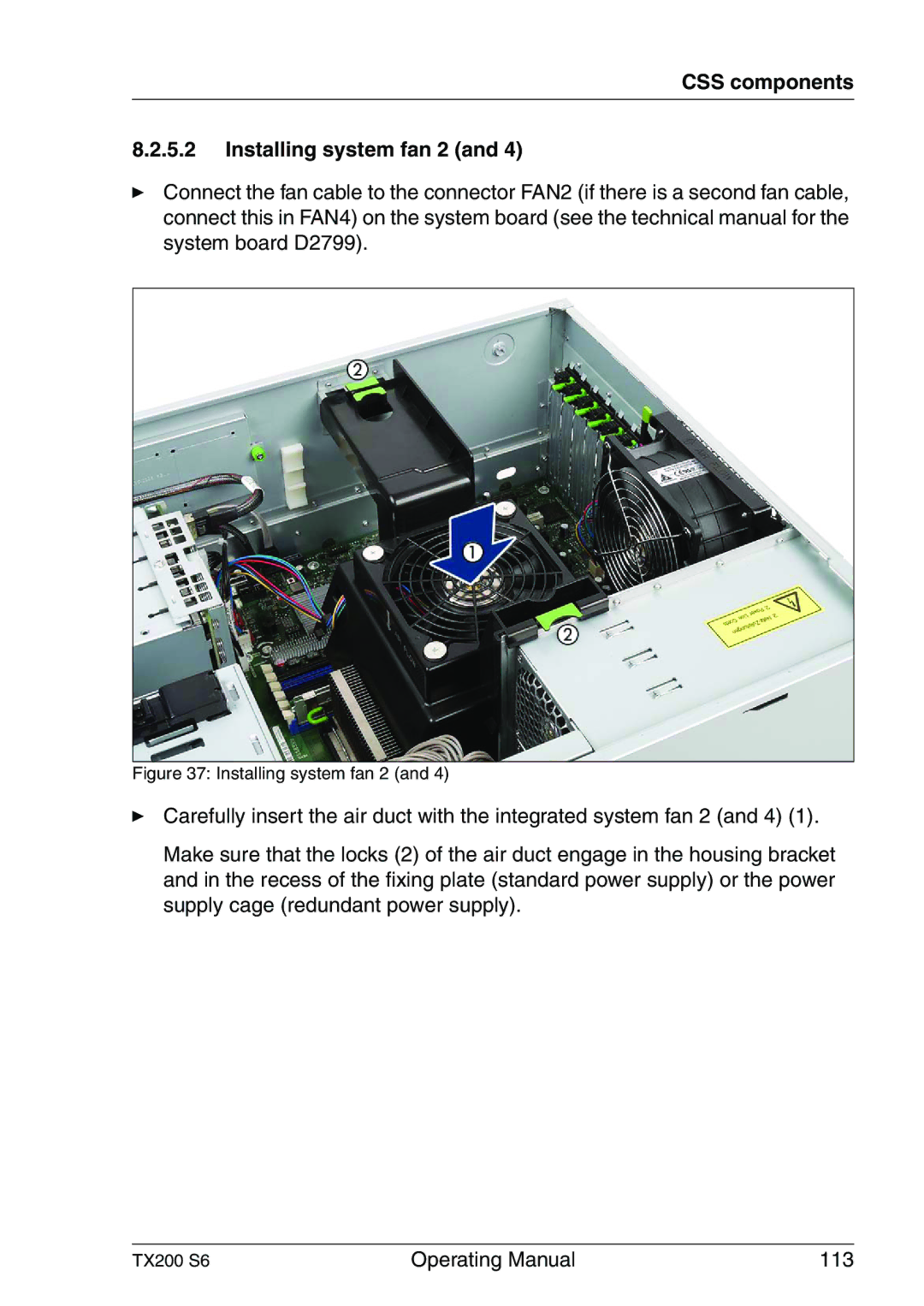 Fujitsu TX200 S6 manual CSS components Installing system fan 2 