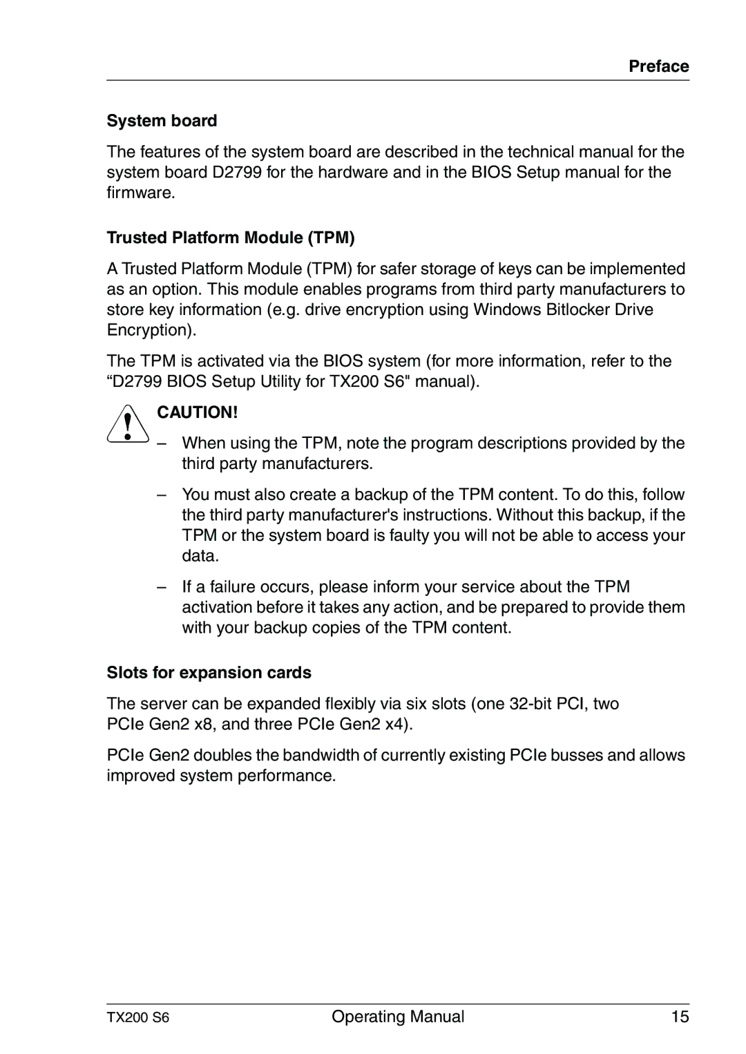 Fujitsu TX200 S6 manual Preface System board, Trusted Platform Module TPM, Slots for expansion cards 