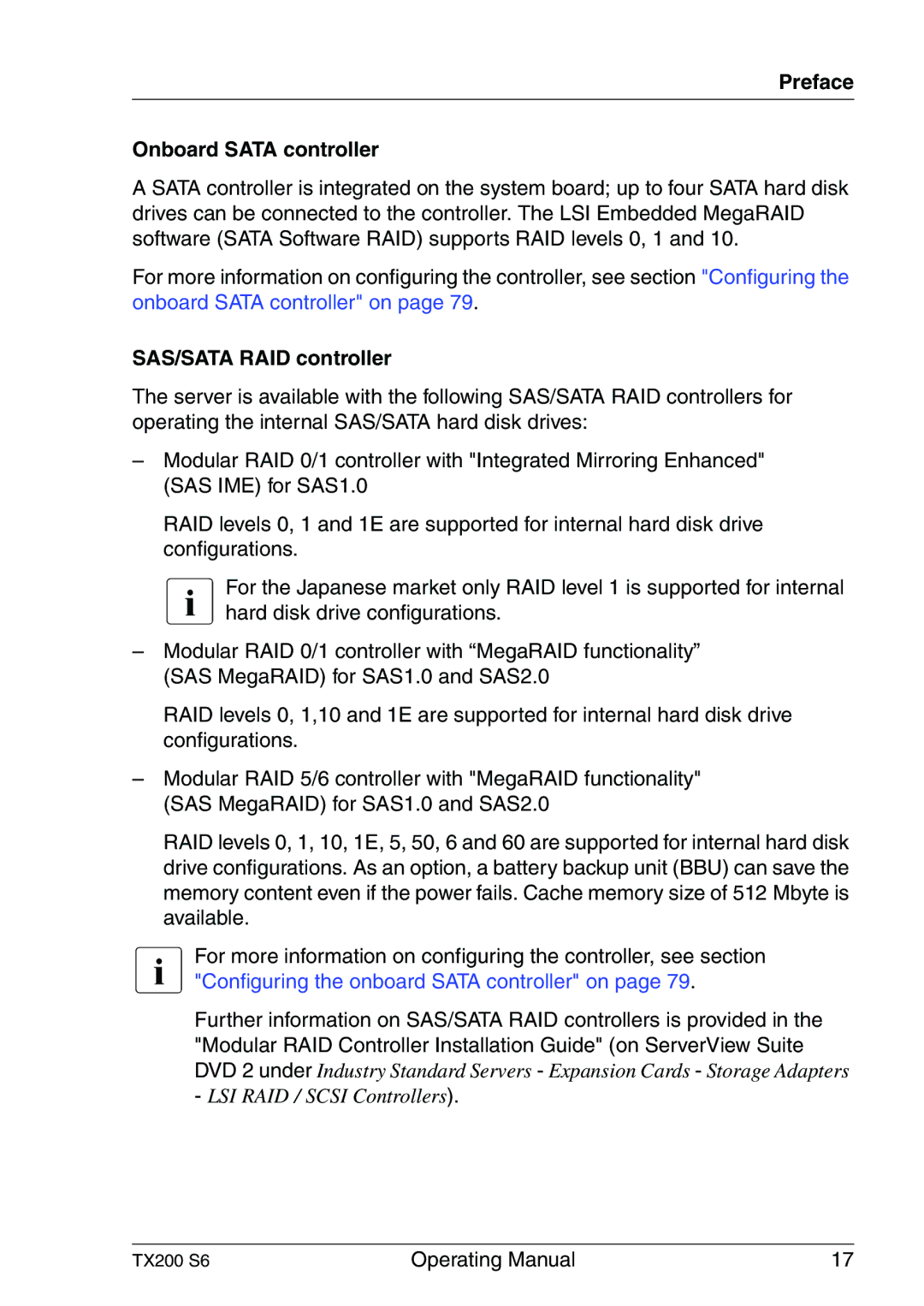 Fujitsu TX200 S6 manual Preface Onboard Sata controller, SAS/SATA RAID controller 