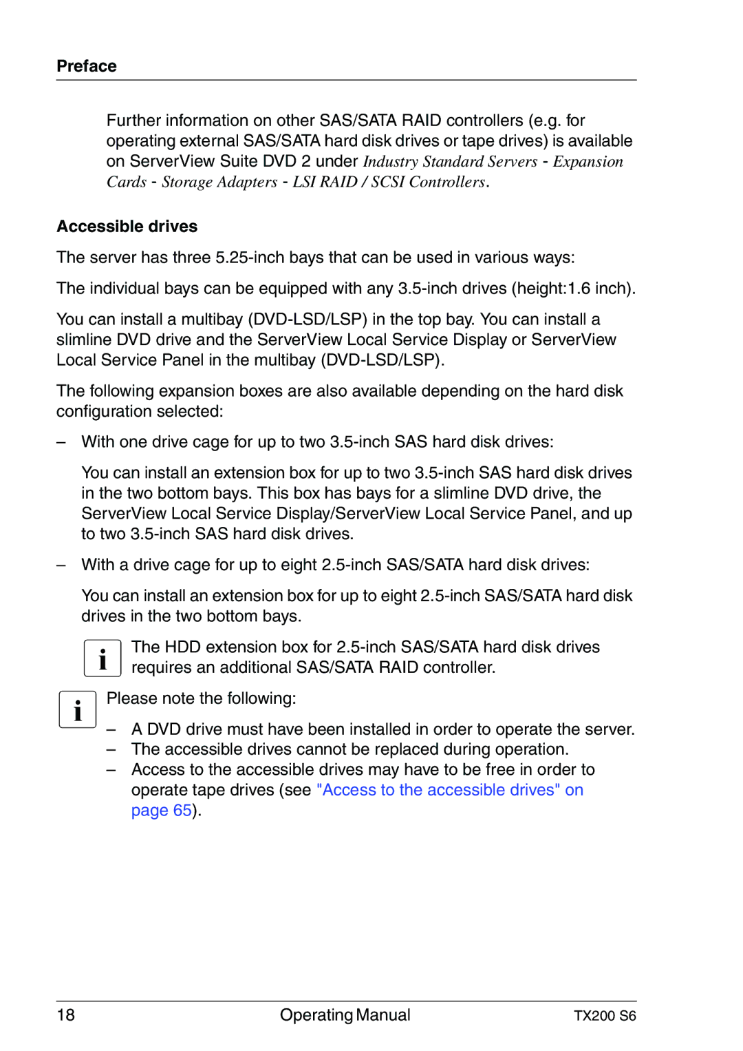 Fujitsu TX200 S6 manual Preface, Accessible drives 