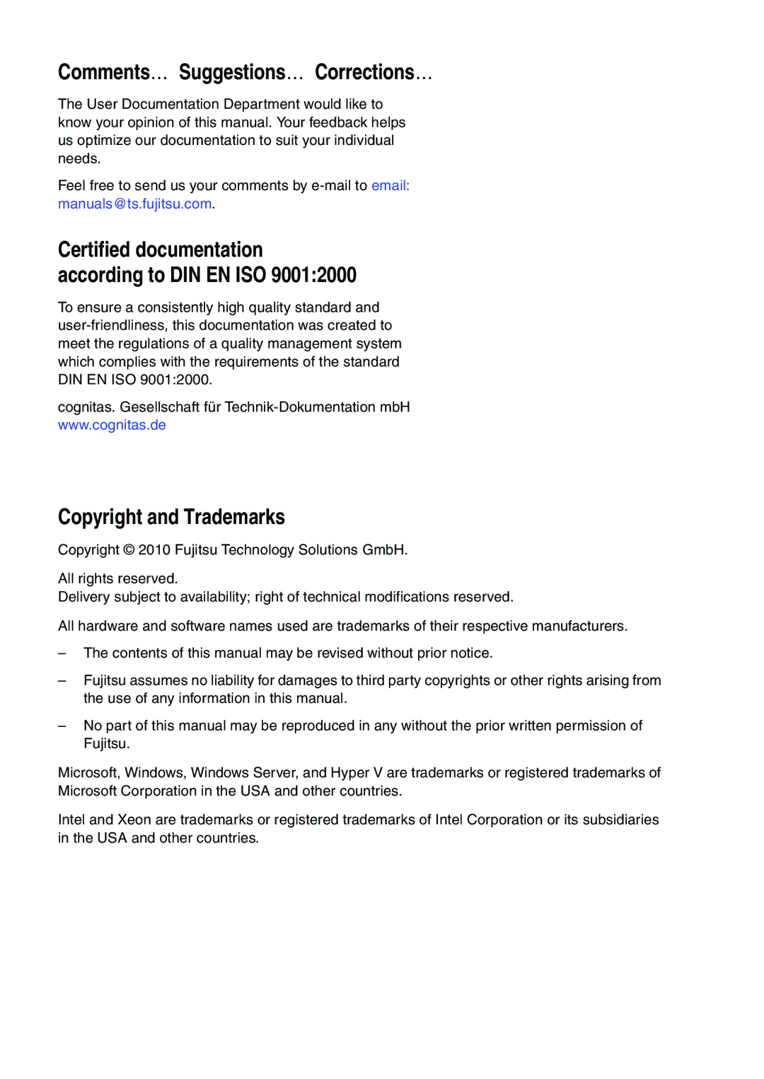 Fujitsu TX200 S6 manual Comments… Suggestions… Corrections…, Copyright and Trademarks 