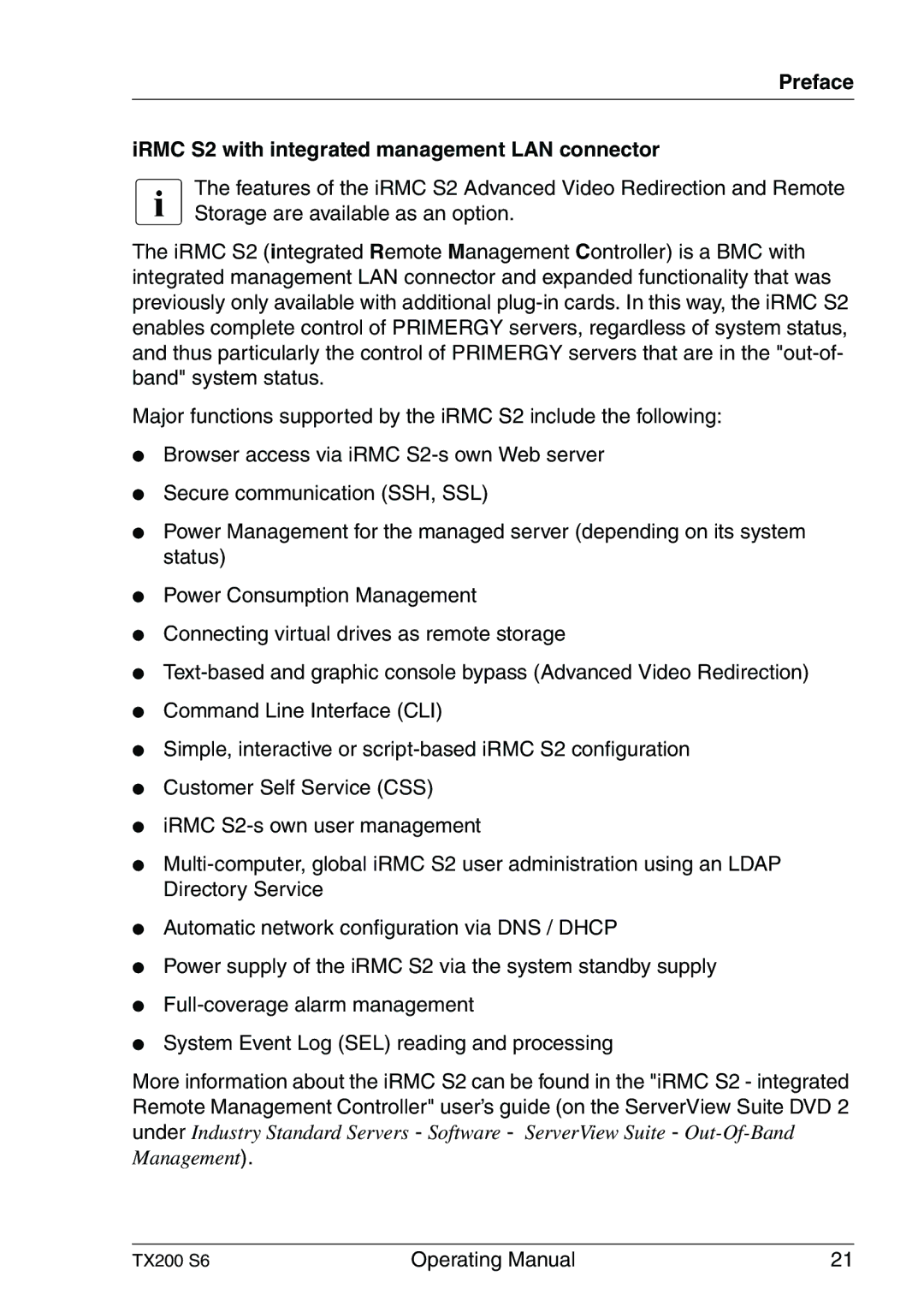 Fujitsu TX200 S6 manual Preface IRMC S2 with integrated management LAN connector 