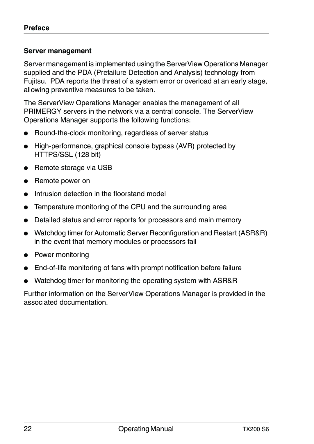 Fujitsu TX200 S6 manual Preface Server management 