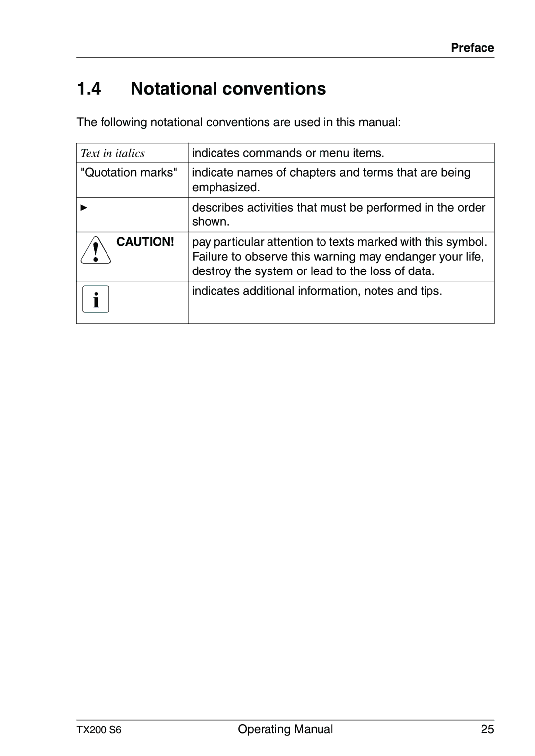 Fujitsu TX200 S6 manual Notational conventions, Preface 