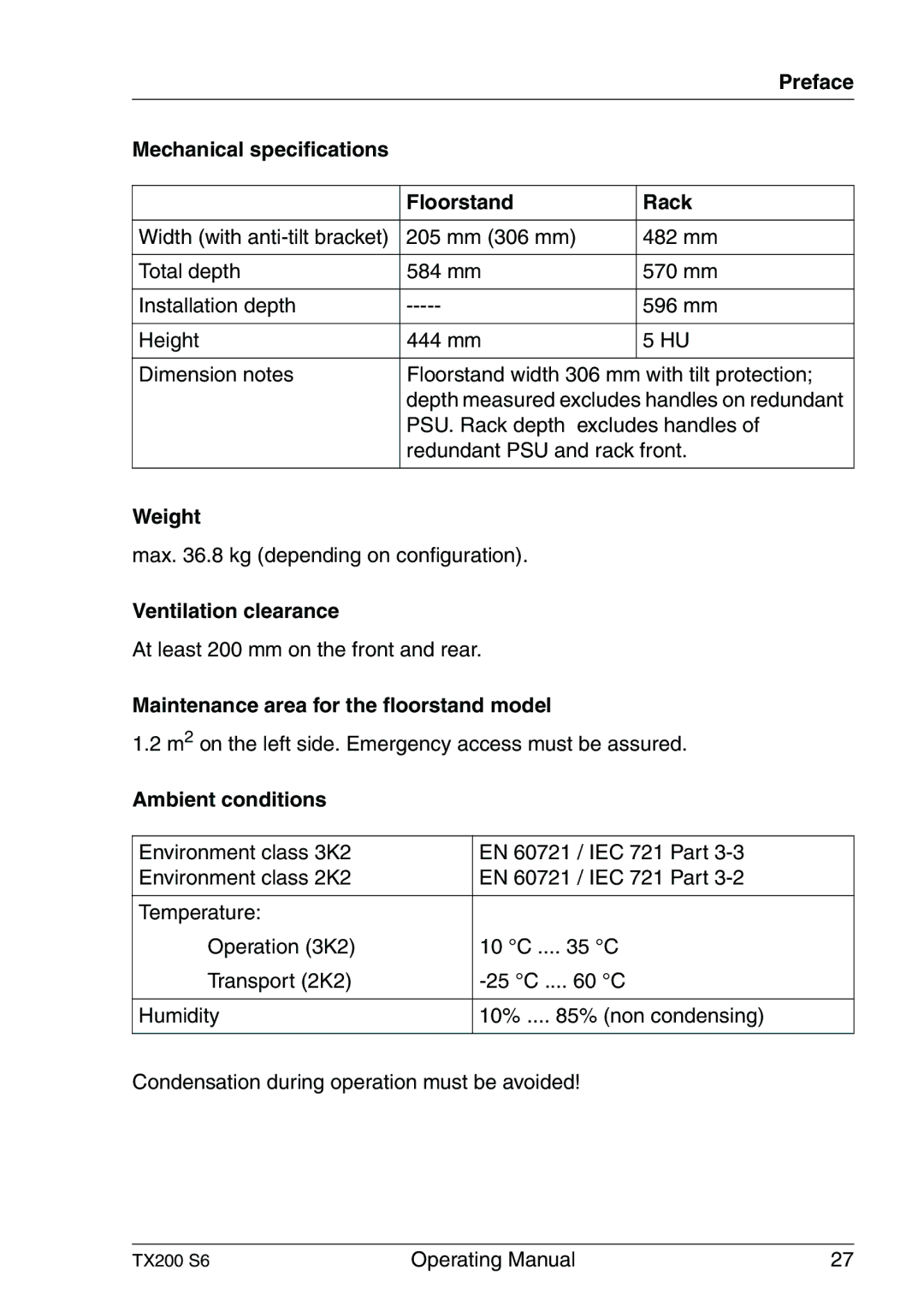 Fujitsu TX200 S6 Preface Mechanical specifications Floorstand Rack, Weight, Ventilation clearance, Ambient conditions 