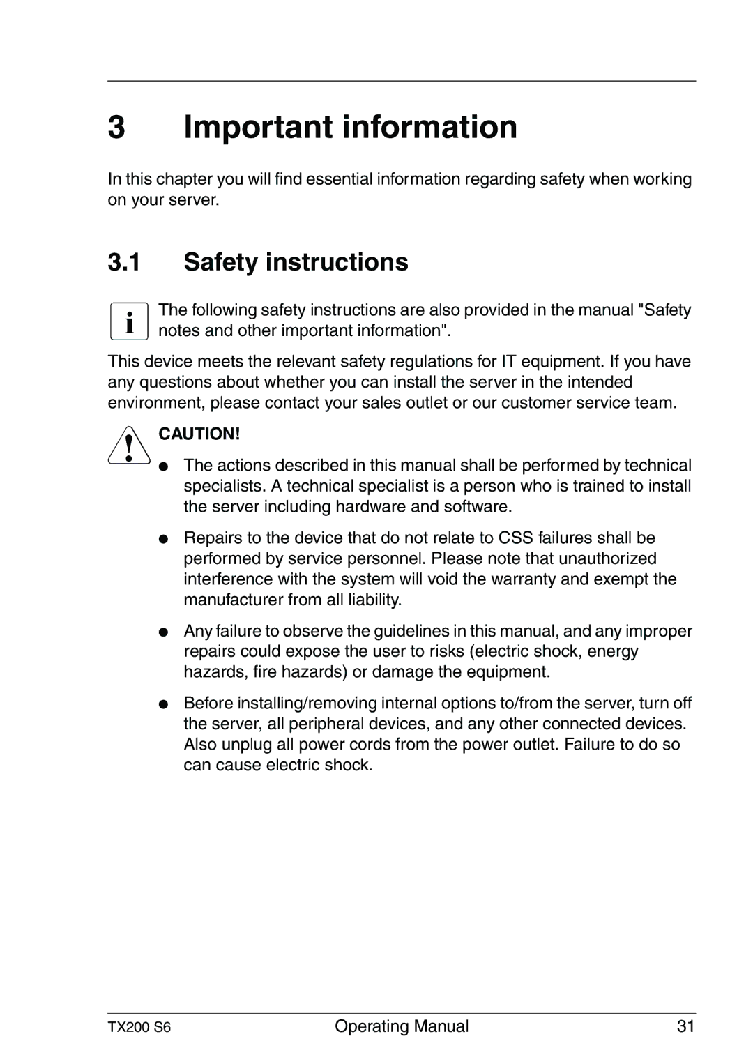 Fujitsu TX200 S6 manual Important information, Safety instructions 