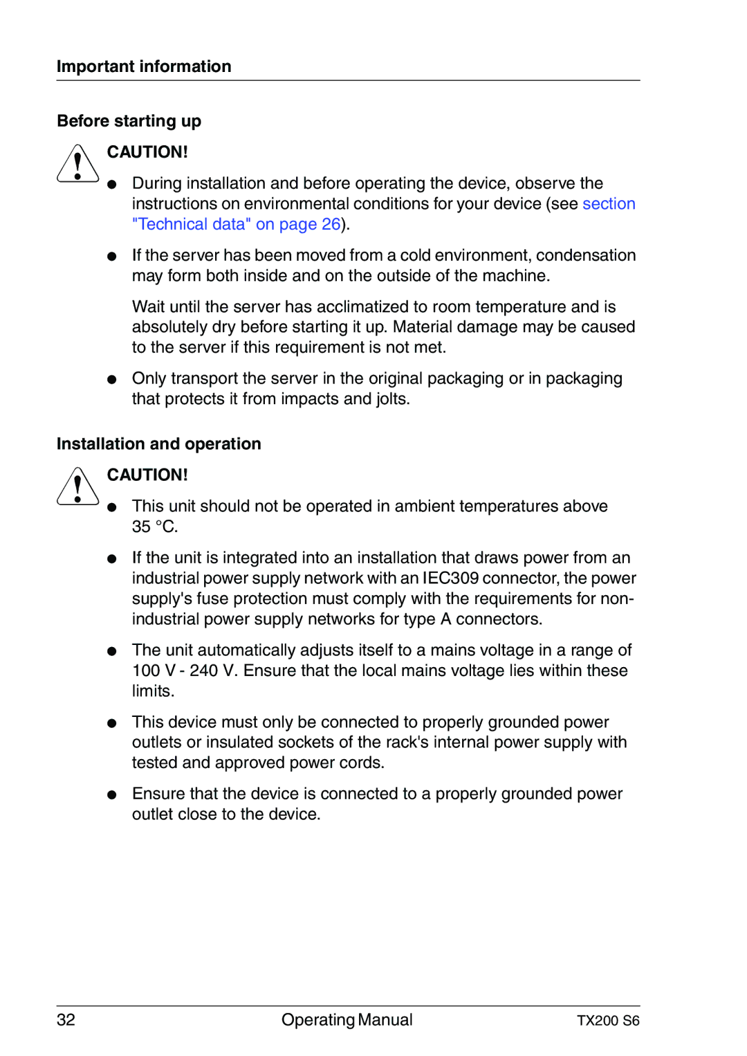 Fujitsu TX200 S6 manual Important information Before starting up, Installation and operation 