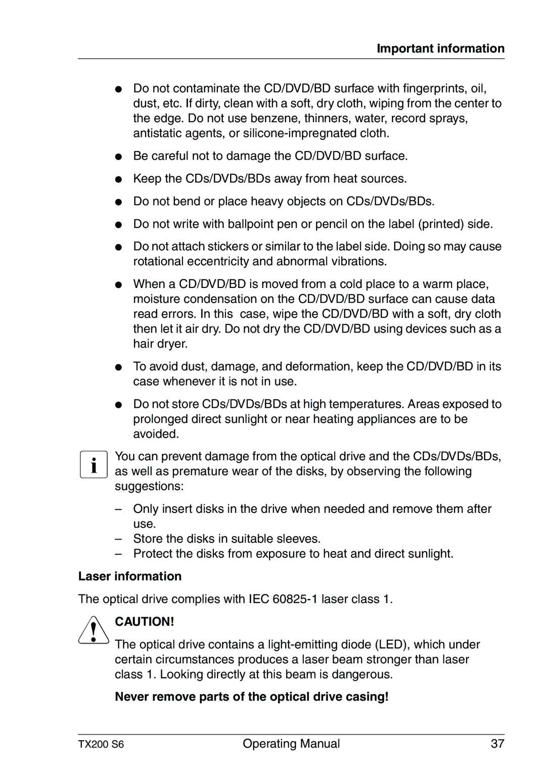 Fujitsu TX200 S6 manual Laser information, Never remove parts of the optical drive casing 