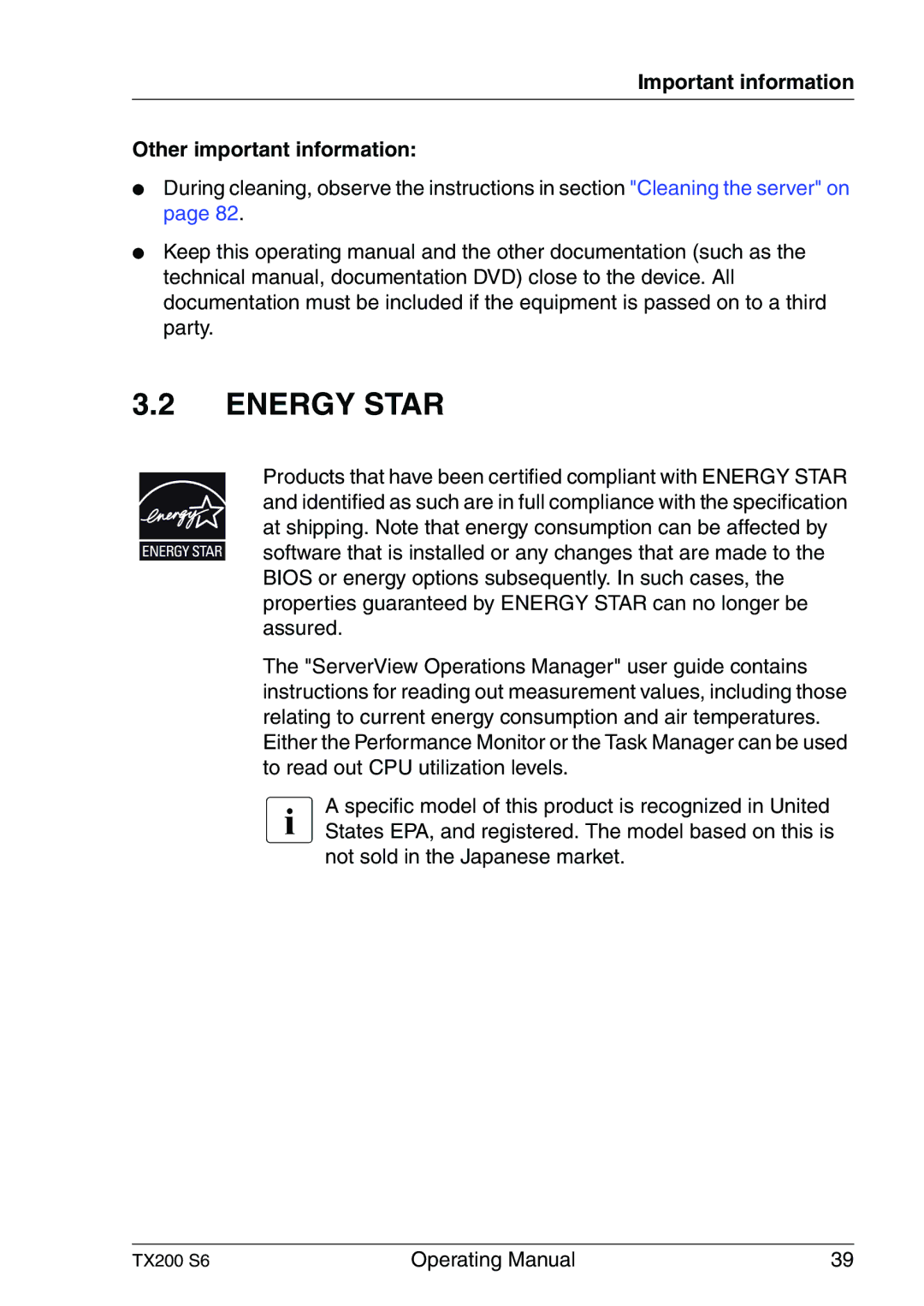 Fujitsu TX200 S6 manual Energy Star, Important information Other important information 