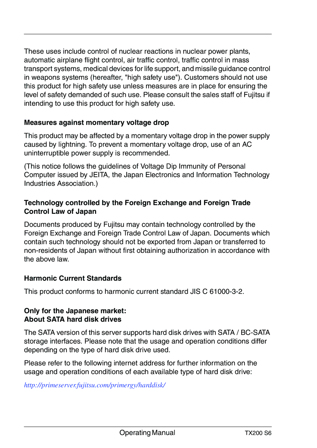 Fujitsu TX200 S6 manual Measures against momentary voltage drop, Harmonic Current Standards 