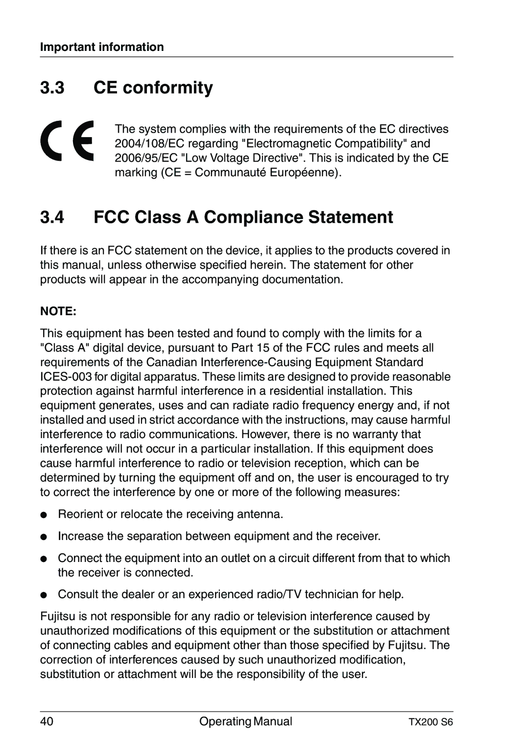 Fujitsu TX200 S6 manual CE conformity, FCC Class a Compliance Statement 