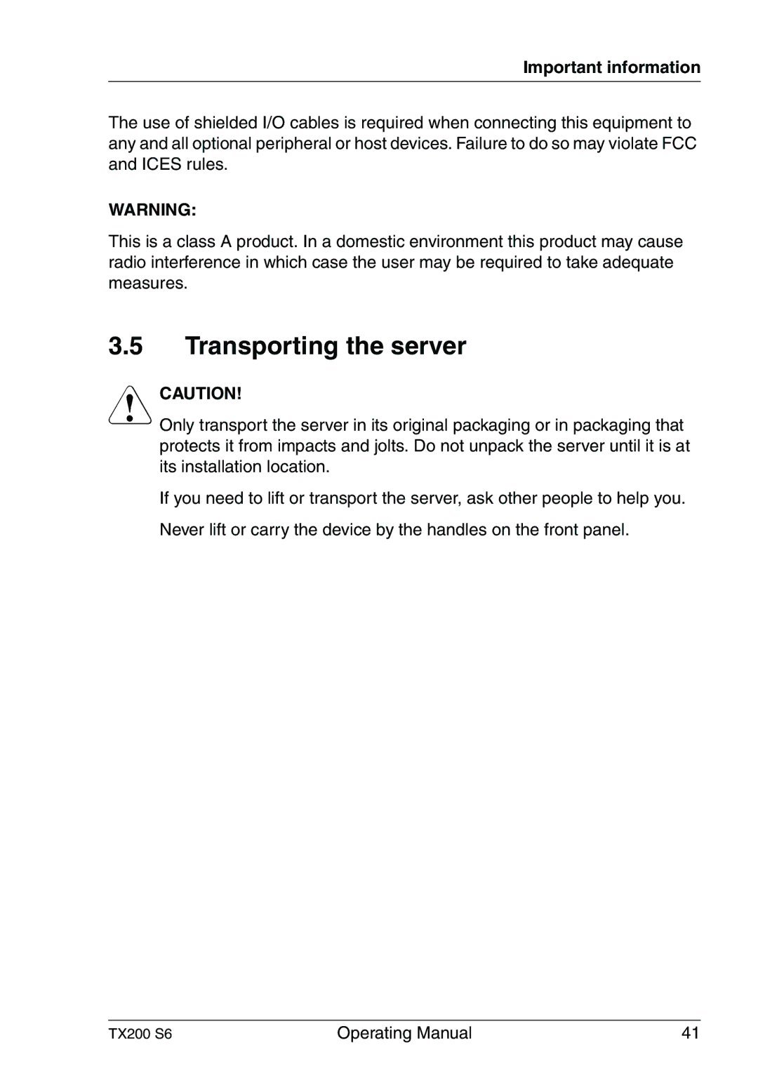 Fujitsu TX200 S6 manual Transporting the server 