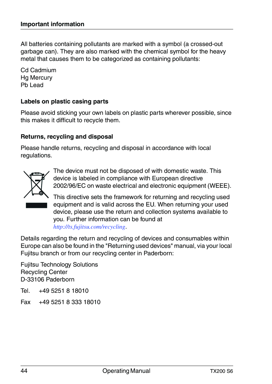 Fujitsu TX200 S6 manual Labels on plastic casing parts, Returns, recycling and disposal 