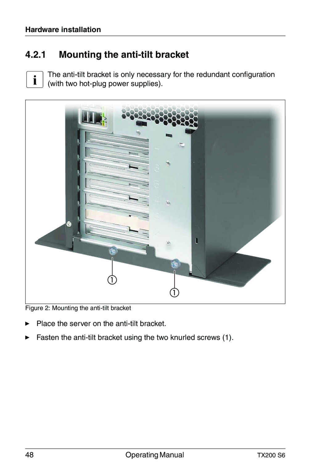 Fujitsu TX200 S6 manual Mounting the anti-tilt bracket 