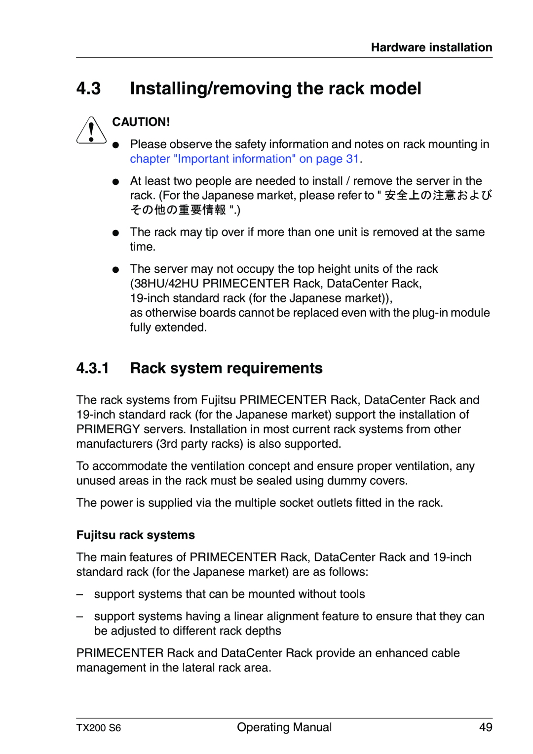 Fujitsu TX200 S6 manual Installing/removing the rack model, Rack system requirements, Fujitsu rack systems 