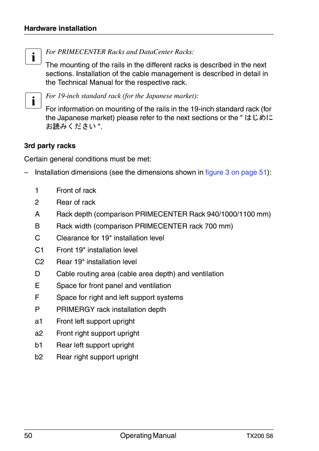 Fujitsu TX200 S6 manual For 19-inch standard rack for the Japanese market, 3rd party racks 
