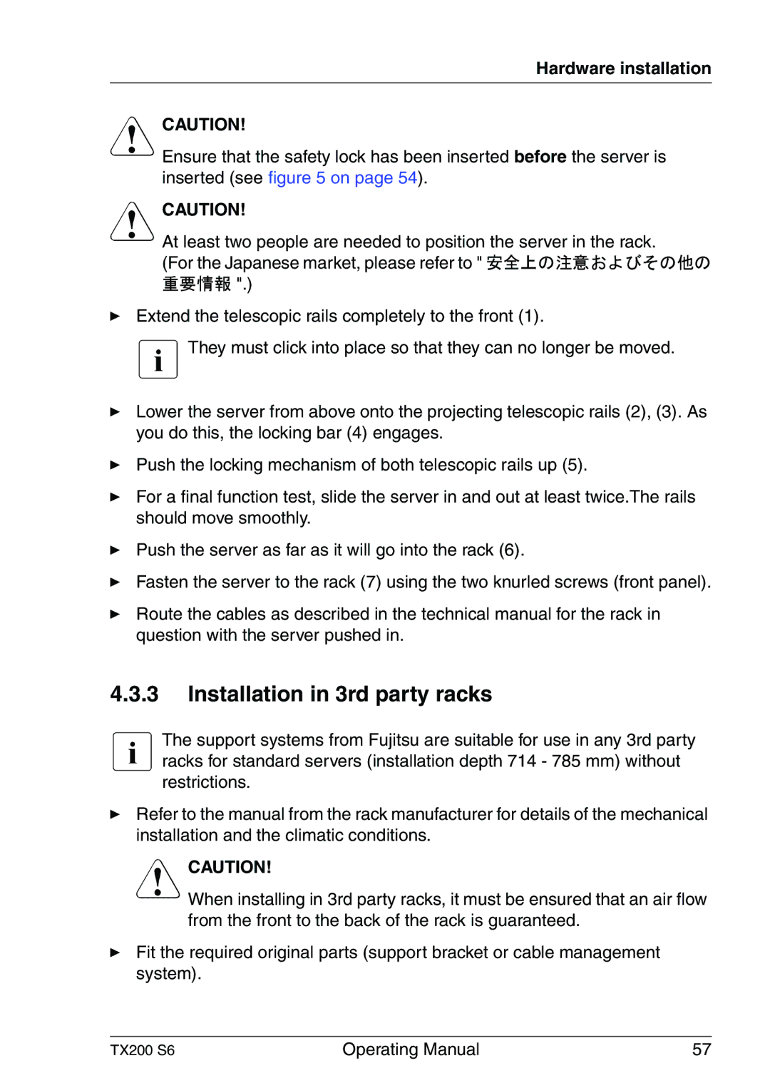 Fujitsu TX200 S6 manual Installation in 3rd party racks 
