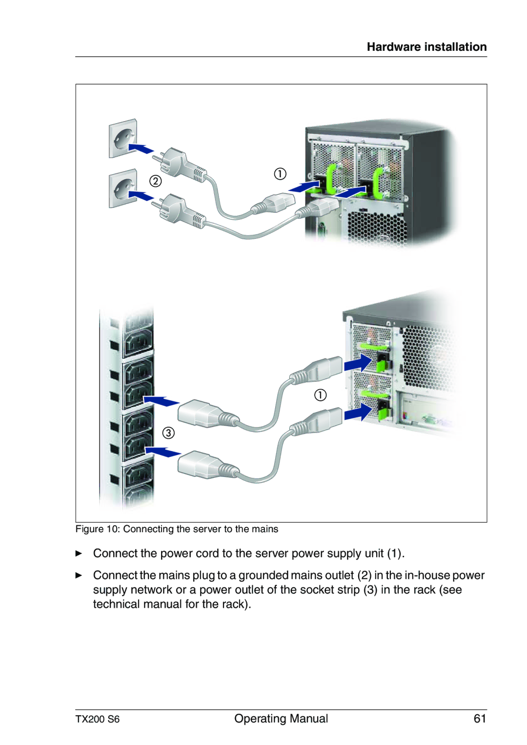 Fujitsu TX200 S6 manual Connecting the server to the mains 