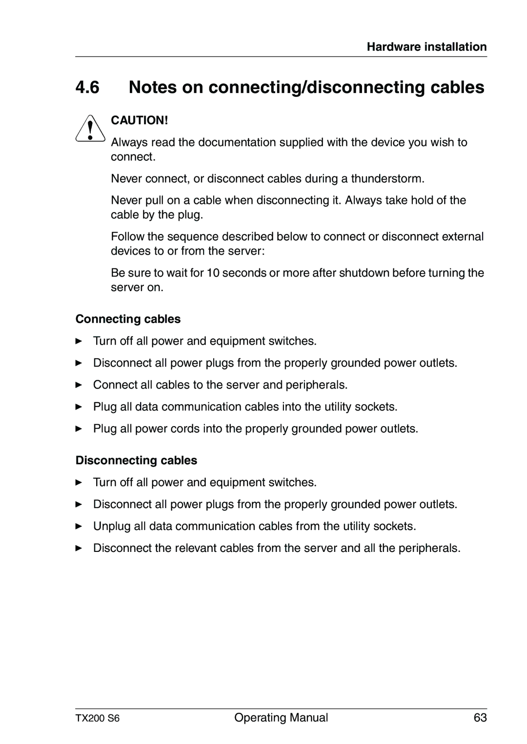 Fujitsu TX200 S6 manual Connecting cables, Disconnecting cables 