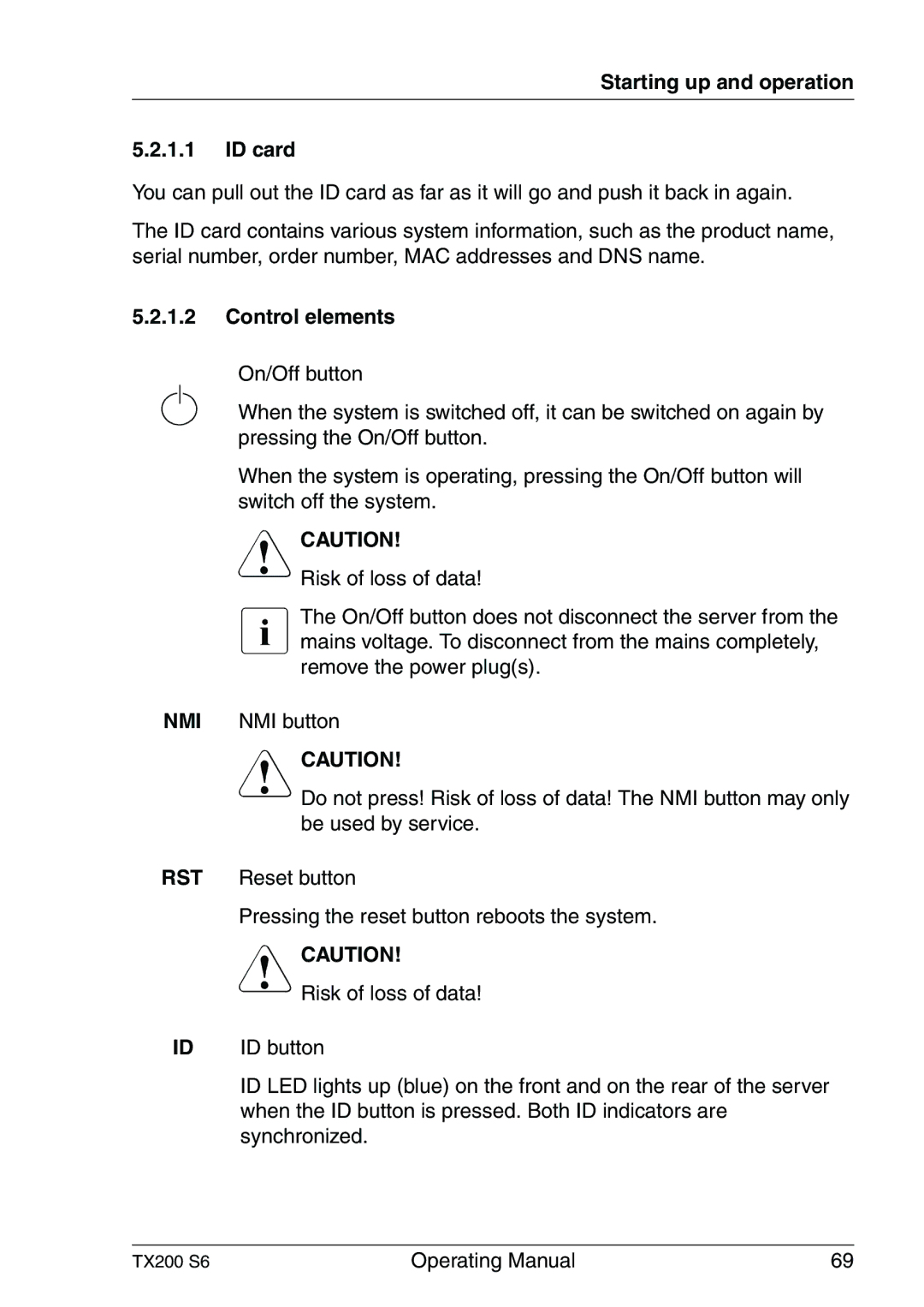 Fujitsu TX200 S6 manual Starting up and operation ID card, Control elements 