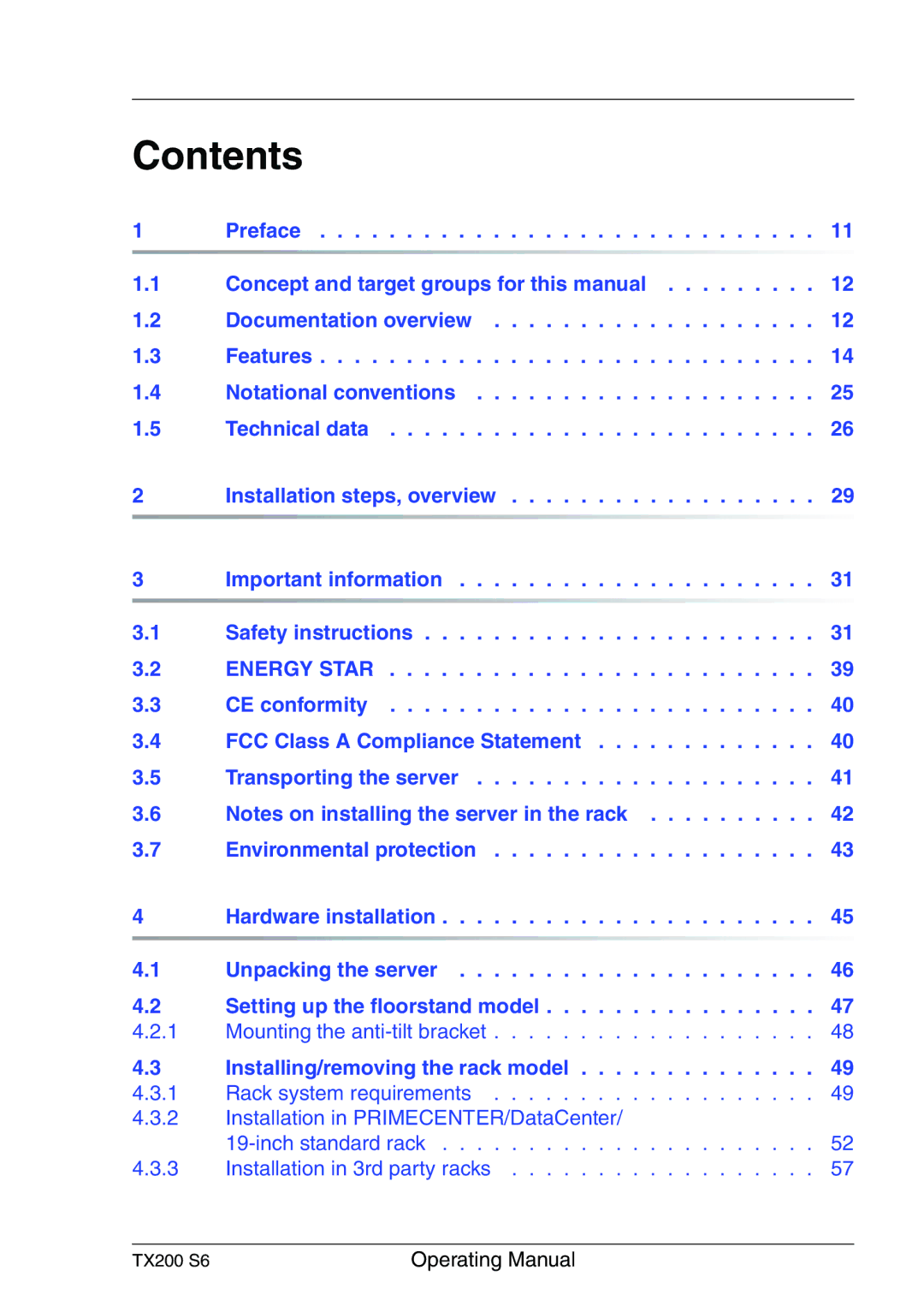 Fujitsu TX200 S6 manual Contents 