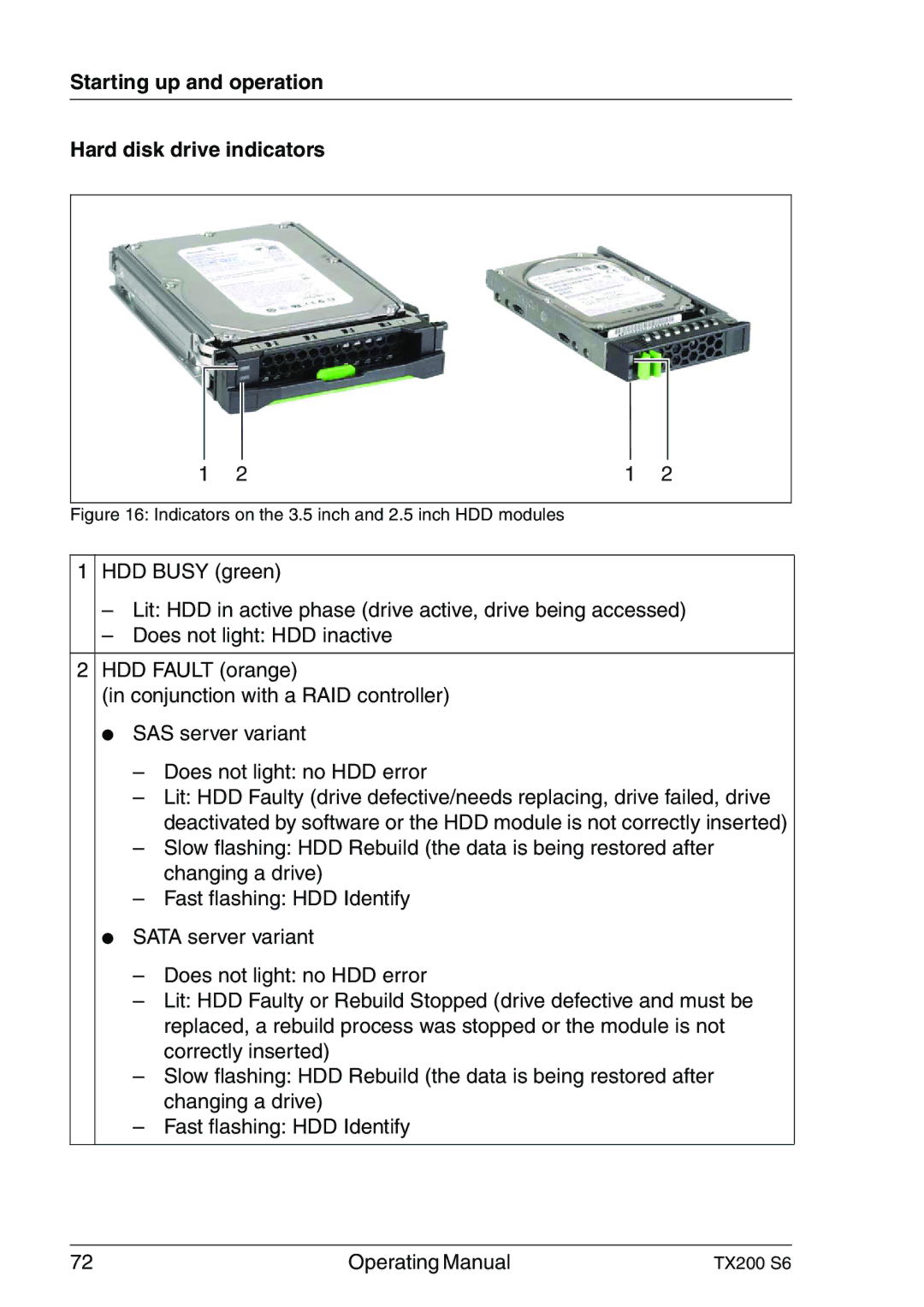 Fujitsu TX200 S6 Starting up and operation Hard disk drive indicators, Indicators on the 3.5 inch and 2.5 inch HDD modules 