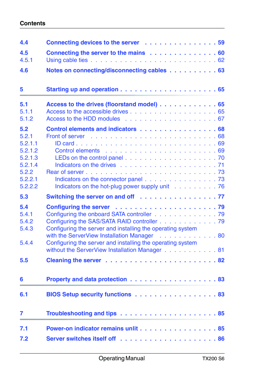 Fujitsu TX200 S6 manual Contents, Control elements and indicators 