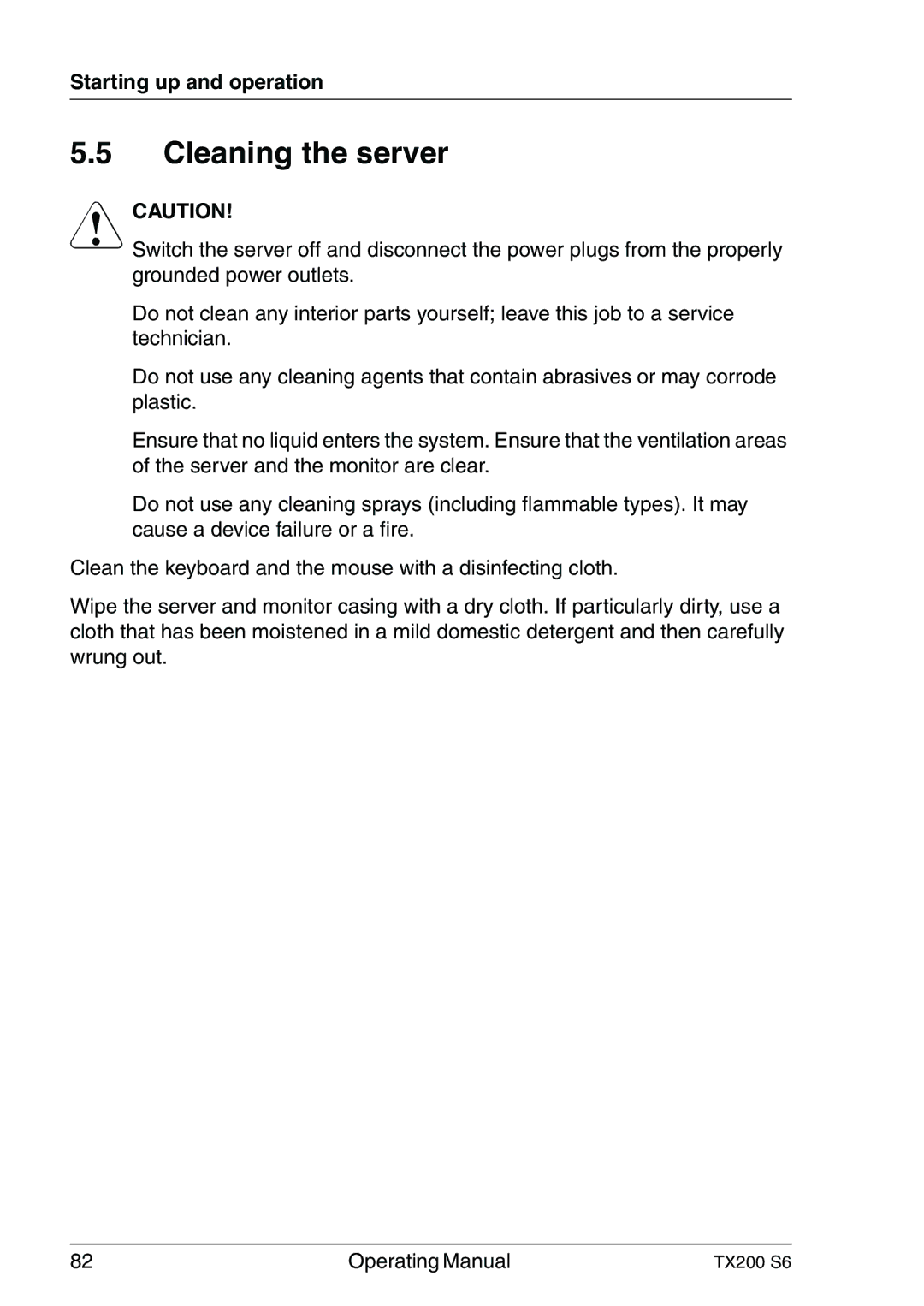 Fujitsu TX200 S6 manual Cleaning the server 