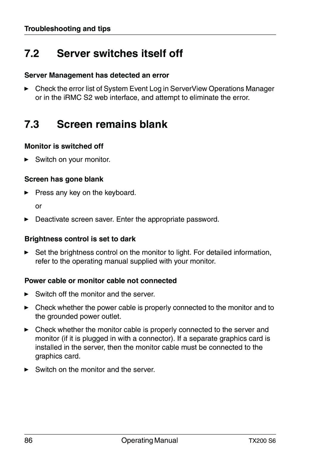 Fujitsu TX200 S6 manual Server switches itself off, Screen remains blank 