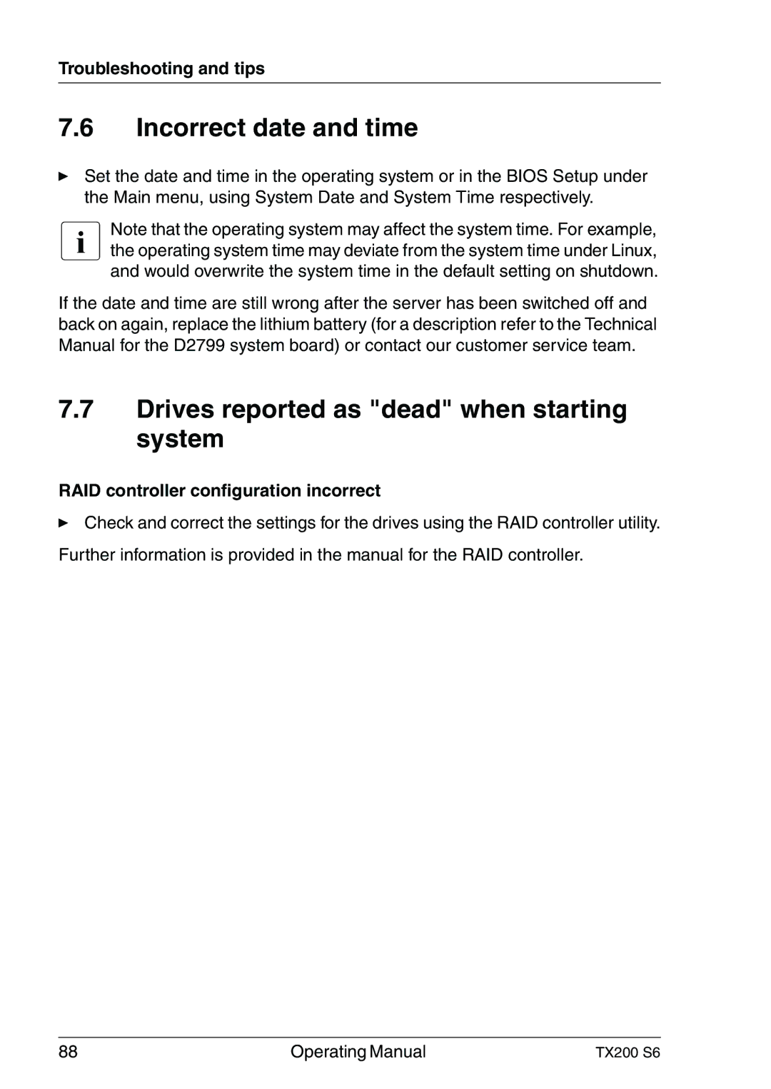 Fujitsu TX200 S6 manual Incorrect date and time, Drives reported as dead when starting system 