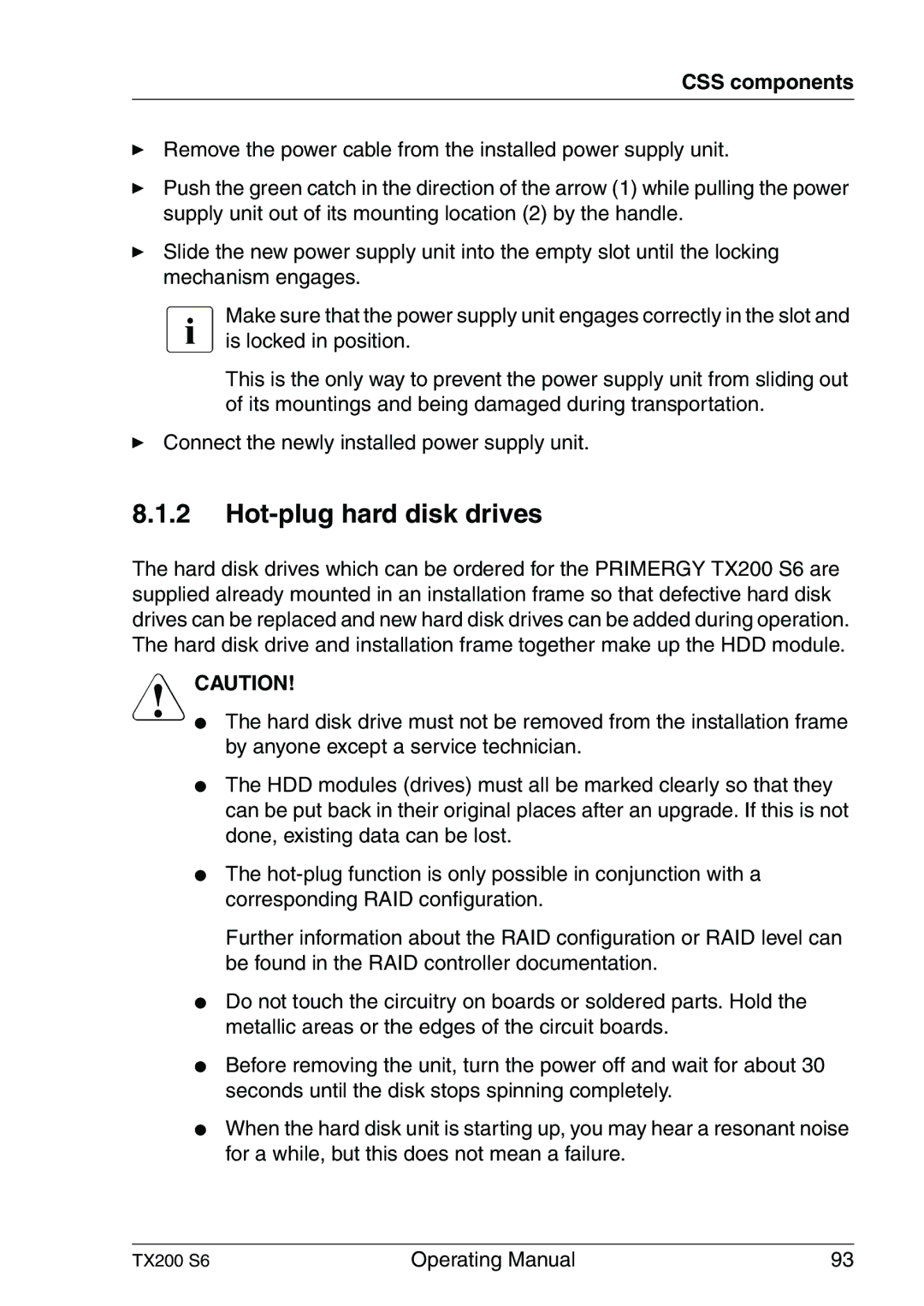 Fujitsu TX200 S6 manual Hot-plug hard disk drives 